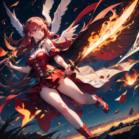 beautiful angel fighting with demon, tattoo, fire, sword, lolita clothes, demon, 