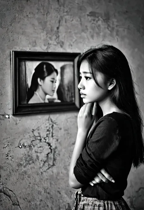 a girl longing for a lover who gone away, she sadly look at the picture of the man on the wall 