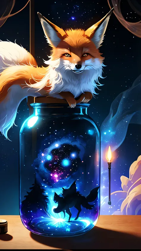 there is a jar with a picture of a fluffy fox in it, dreamscape in a jar, galaxy in a bottle, beautiful art uhd 4 k, amazing wallpaper, vial of stars, 4k highly detailed digital art, detailed art, glowing jar, ethereal fox, beautiful wallpaper, fantasy fox...