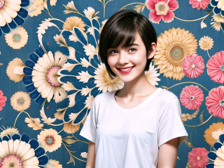 239 18-year-old female, short hair, (Jeans andＴ-shirt), A kind smile, lipstick, (Floral Background、Fractal Patterns)
