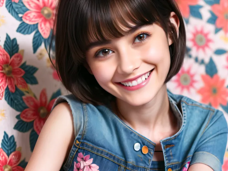 239 18-year-old female, short hair, (Jeans andＴ-shirt), A kind smile, lipstick, (Floral Background、Fractal Patterns)
