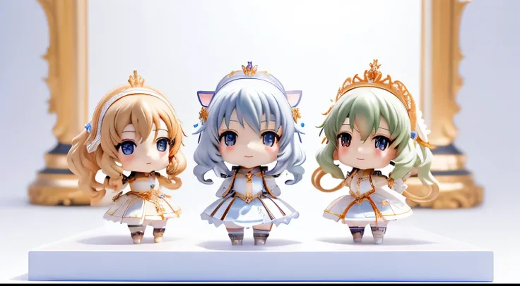 three figuAlsoes of anime characters are posed on a white surface, good smile company anime style, pvc figuAlsoe, anime figuAlsoe, qCheek, style as Nendoroid, Nendoroid, As three numbers, Also, Royal elegant pose, miniature product photo, Anime Figures, An...