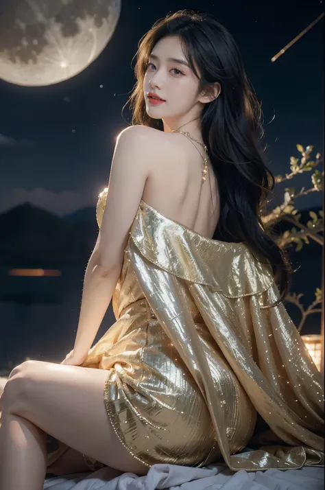 a beautiful girl,gorgeous dress,sitting,on the moon,detailed background of the moon,Moon Goddess,Beautiful Celestial Mage,Goodness of Heaven, Celestial Fairy,very Beautiful fantasy art,8k high quality detailed art,medium straight bob hair,crystal necklace,...