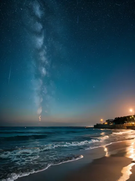 Starry sky, beautiful moon, seaside night