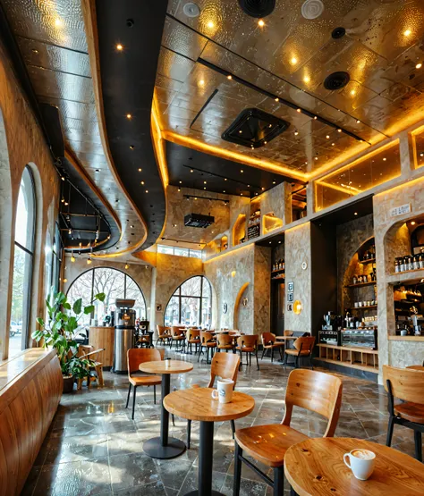 photo of interior of coffee shop, bright tones, modern with curved lines on the ceiling and walls, dark rough floor, large glass...