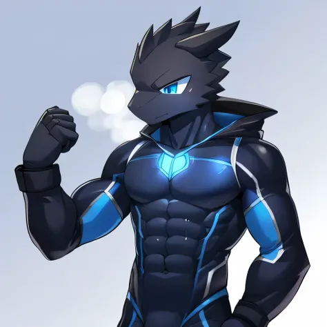 Thin macho　western black dragon　　abs　　　　　Hollow abs　　body suit　　thick arms　　　chest rig　　　、sweaty　　　skin glow　　profile　　Wearily　short of breath　　  　Chemo shota　　
have a 　blue eyes　Tired look jacket