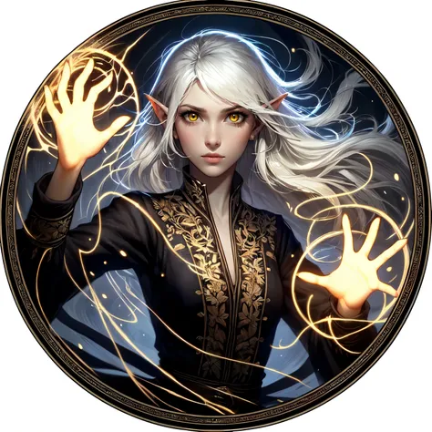 "Create another DnD token depicting a young adult astral elf in a dynamic pose from a dramatic angle, emphasizing her delicate and slightly sickly appearance while casting a spell with her hands. Her large yellow eyes should contrast with her pale visage, ...