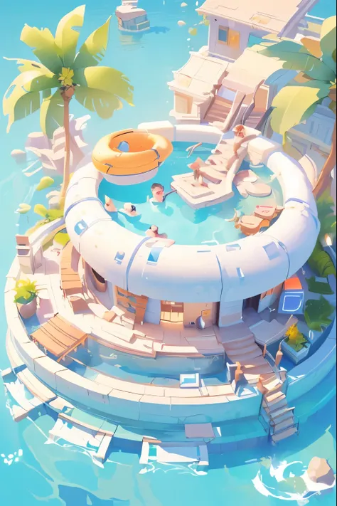 a rendering of a floating pool with a house and a pool, relaxing concept art, ross tran. scenic background, trending on cgstation, by Ryan Yee, cute detailed digital art, by Yanjun Cheng, anime background art, anime scenery concept art, cgsociety, pool , a...