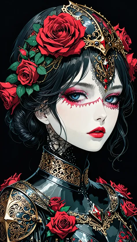 in style of Harry Clarke, (insanely detailed and intricate, hypermaximalist, elegant, ornate, hyper realistic, super detailed:1.1),
(rose-head knight:1.6),(rose covered face:1.2),(rose head:1.3),drawing by Conrad Roset close up,(darkness:1.2),(very detaile...