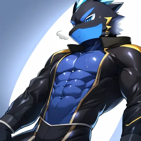 Thin macho　western black dragon　　abs　　　　　Hollow abs　　body suit　　thick arms　　　chest rig　　　、sweaty　　　skin glow　　profile　　Wearily　short of breath　　  　Chemo shota　　
have a 　blue eyes　Tired look jacket