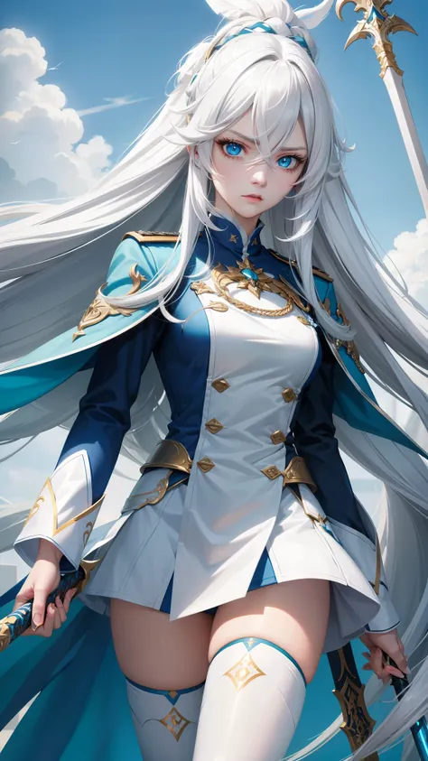 Adult woman, Long white hair, Cyan eyes, White general uniform, spear, blue lipstick, Anger, Masterpiece, hiquality