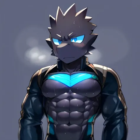 Thin macho　western black dragon　　abs　　　　　Hollow abs　　body suit　　thick arms　　　chest rig　　　、sweaty　　　skin glow　　profile　　Wearily　short of breath　　  　Chemo shota　　
have a 　blue eyes　Tired look jacket