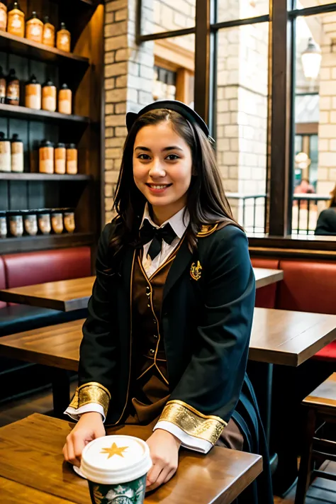 A hard working woman wearing a Harry Potter costume sits in the middle of a Starbucks.