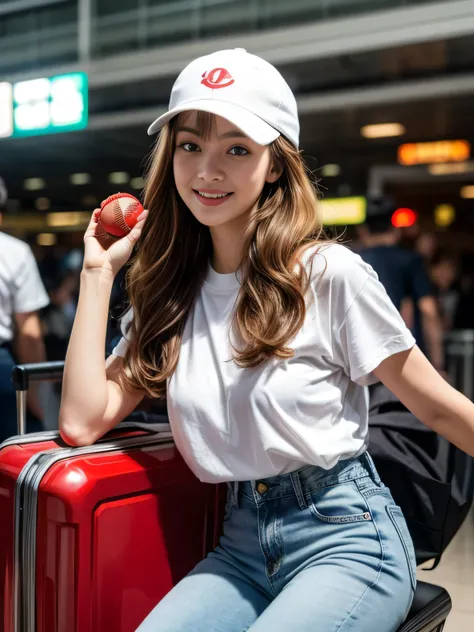 19 years old child, (wearing pure white shirt and jeans:1.3), big round breast, nipple protrusio, (red baseball cap:1.3), dark blue luggage, ((updo hairstyle, Dark blonde hair, wavy hair, long hair, asymmetric bangs:1.2)), (light smile:1.3), (photorealisti...