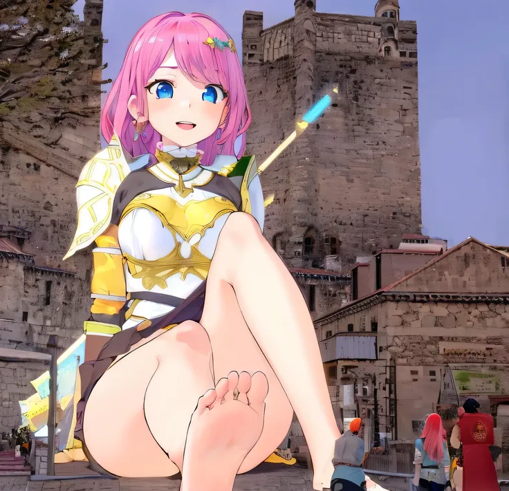 best quality, photorealistic, 8k, high res, 1girl, (large breast), (professional lighting, bokeh), (fantasy), (medieval town), (people, crowds), (day),(pink hair), (blue eyes), (portrait), gorgeous, bloom, gts, no text, toned, thick thighs, barefeet