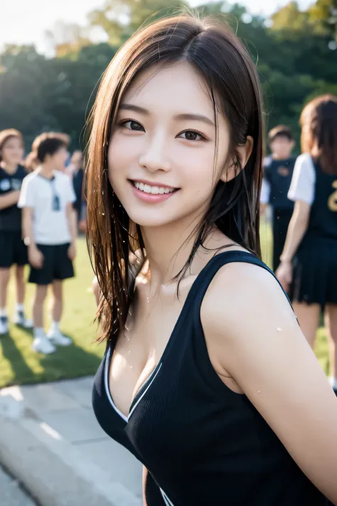 （8k、live-action、Raw photo、highest quality、masterpiece：1.2),(Outdoors),((Perfect lighting)),(Wet hair),Watching the audience,Sexy pose, cute smile,18-year-old,student,White skin,knees,Small Face,Part the front hair from the center、The forehead is visible,sk...