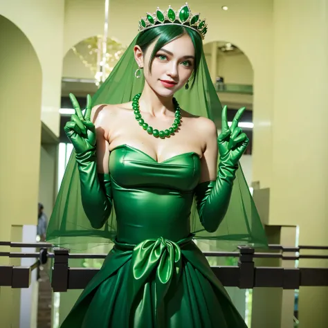 Emerald tiara, Green Pearl Necklace, Boyish very short green hair, lipstick, Smiling Japanese woman, Very short hair, Big and beautiful, Green Eyes, Long green satin gloves, Green Eyes, V sign, Emerald Earrings, Green veil, peace sign, 30-year-old female, ...