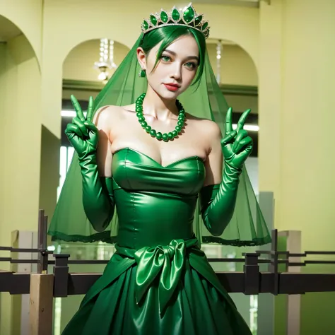 Emerald tiara, Green Pearl Necklace, Boyish very short green hair, lipstick, Smiling Japanese woman, Very short hair, Big and beautiful, Green Eyes, Long green satin gloves, Green Eyes, V sign, Emerald Earrings, Green veil, peace sign, 30-year-old female, ...