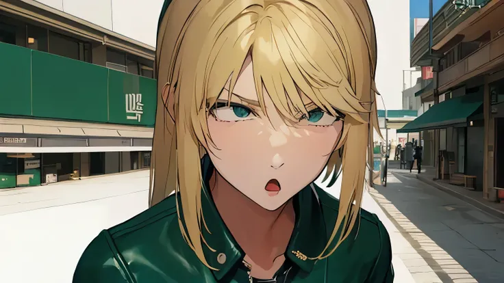 Embarrassed、Korean、1 girl、blonde、amount、Green Leather Shirt、Stand up your collar、Face Up、Background downtown、