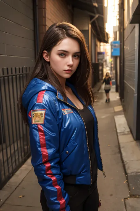 Australian nifty girl, (24 years old), in the alley, dawn, jacket, arrogant expression, (face and skin details), (masterpiece, best quality, highly detailed, hyper realistic) 