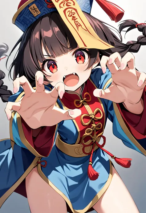 A cute young jiangshi girl, solo, with twin braids and blunt bangs framing her red eyes. She wears a qingdai guanmao adorned with an ofuda and traditional Chinese clothing. Her small fangs are bared as she strikes a claw pose. 