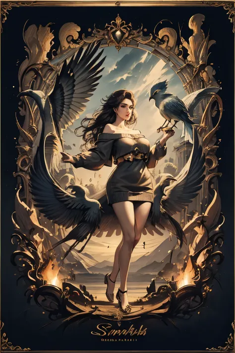 simorgh, a mythical iranian bird, in the style of surrealism.((best quality)), ((masterpiece)), (detailed), 1girl, off-shoulder ...