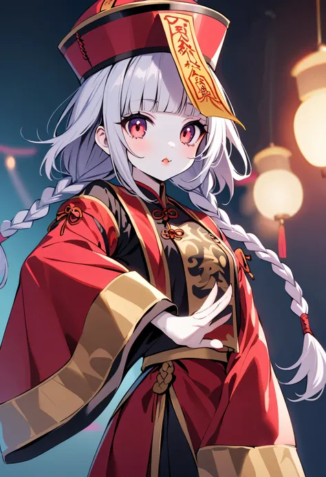 A beautiful young cosplayer dressed as a jiangshi, with pale skin, rosy cheeks, and dark circles under her eyes.  She wears a traditional  qingdai guanmao hat with an ofuda talisman and a flowing  Hanfu robe with exaggerated sleeves.  Her hair is styled in...