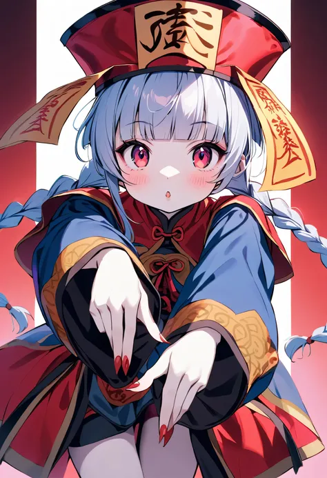 a beautiful young cosplayer dressed as a jiangshi, with pale skin, rosy cheeks, and dark circles under her eyes.  she wears a tr...