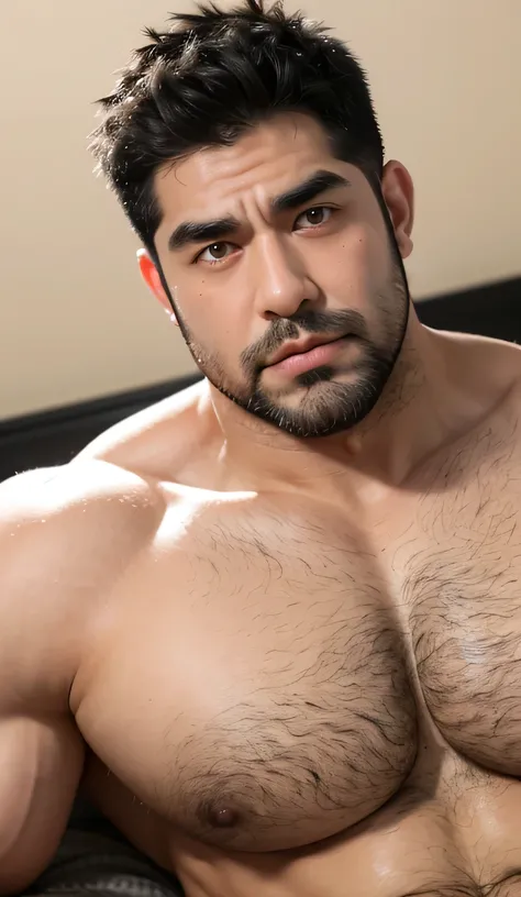 Hulk muscular uncle，nice，big breasts slightly fat，Short beard，Thick eyebrows，Brush Cut，Have chest muscles，black，black calf socks，Full body picture，Showing off chest muscles，Chest hair on the pectoral muscles，Lying in bed，Lying on your back，Sweat all over t...