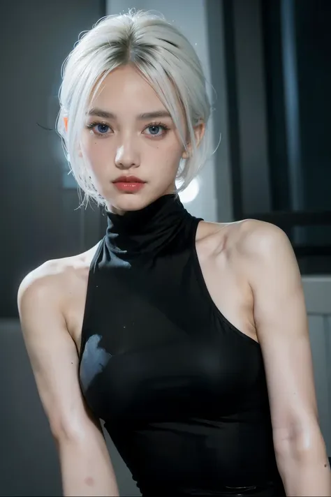 cyberpunk edgerunners, 1girl, lucy (cyberpunk), bare shoulders, blue eyes, breasts, leotard, looking at viewer, medium breasts, off-shoulder jacket, off shoulder, red eyeliner, short hair, sleeveless turtleneck leotard, solo, turtleneck leotard, white hair...