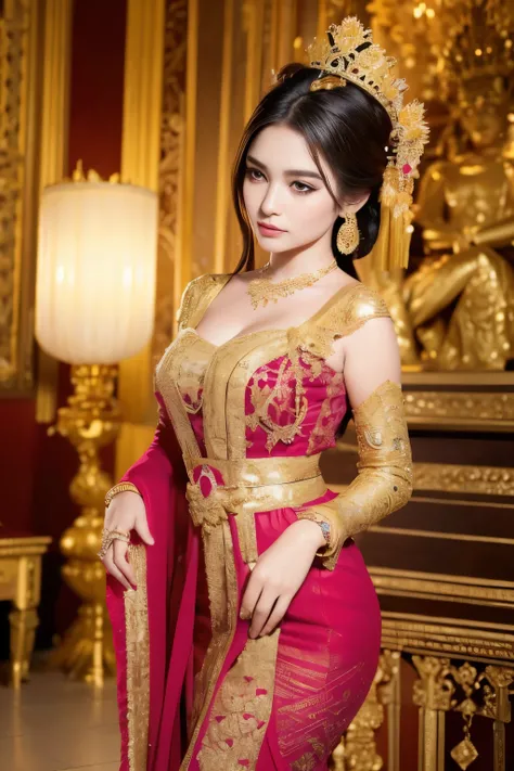 (best quality,4k,highres,masterpiece:1.2),ultra-detailed,realistic:1.37,beautiful naked and regal Javanese queen with soaking wet red hijab,dark and luxurious palace backdrop,beautiful detailed eyes and face,long eyelashes,voluptuous and curvy figure,exqui...
