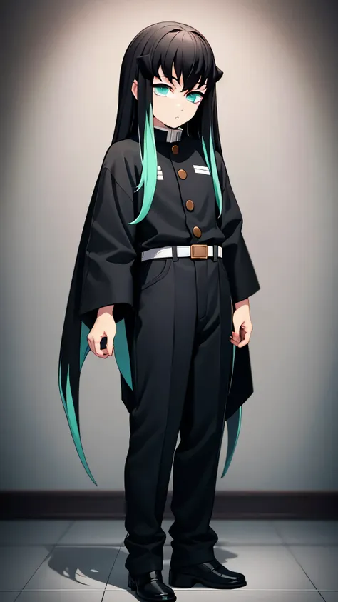 masterpiece, best quality, high quality, 1boy, solo, male focus, looking at viewer, full body, tokitou_muichirou, long hair, bangs, black hair, aqua eyes, demon slayer uniform, two-tone hair, standing, idle, looking at viewer