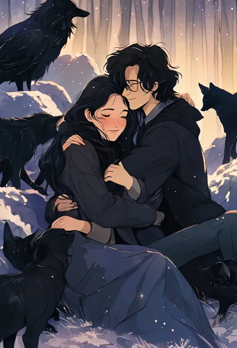 Schwarz weis , drei Personen, Remus Lupin, Sirius Black , dark-haired girl happy cuddling,