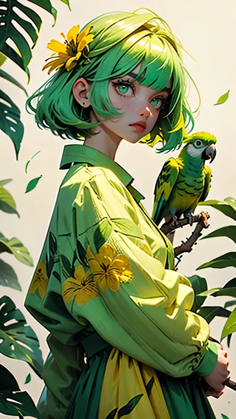 parrot on the background, YXYcolor,1girl, only, light green hair, Flower, hair ornament, hair flower, very long hair, upper body, bangs, Looking at the viewer, Simple background, leaf, Bob Cut, Plant, shirt, yellow shirt, blunt bangs, red flower, red lips,...