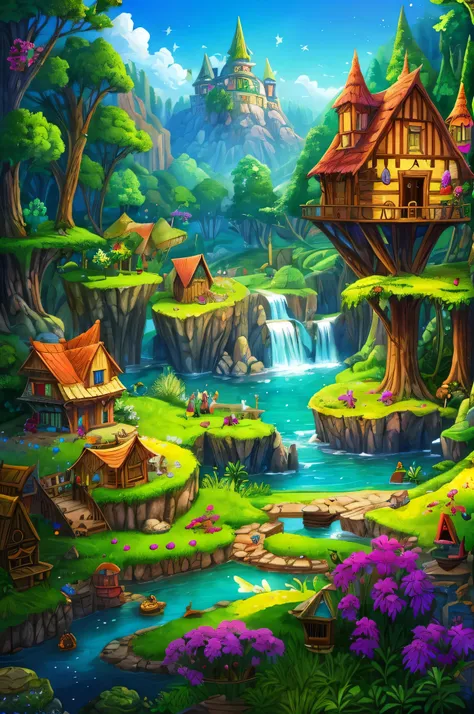 Colorful woods，Cartoon illustration of fantasy forest with tree house and stream, colorful concept art, made of tree and fantasy valley, arte de fundo, fairy kingdom forest, Stylized concept art, enchanted magical fantasy forest, magical fantasy 2 d concep...