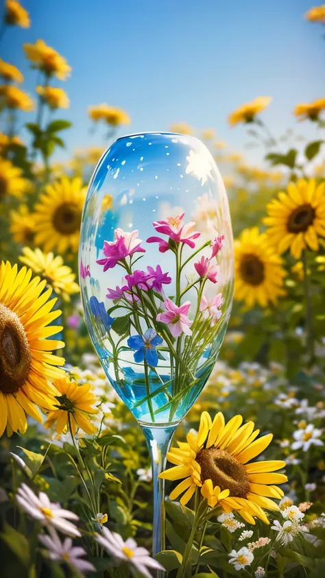 sunny day landscape images, only landscapes with flowers, flower field, unmanned, there are no animals, lively and childlike, ar...