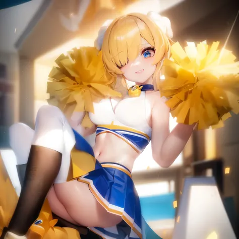 blonde anime girl with a cheerleader holding a (yellow pom pom), blue eyes, ((one eye covered)), have a cute brown dog ears, render of a cute 3d anime girl, anime styled 3d, happy!!!, pixiv 3dcg, cel shaded pbr, cheering, rin, kagamine rin, rendered in sfm...