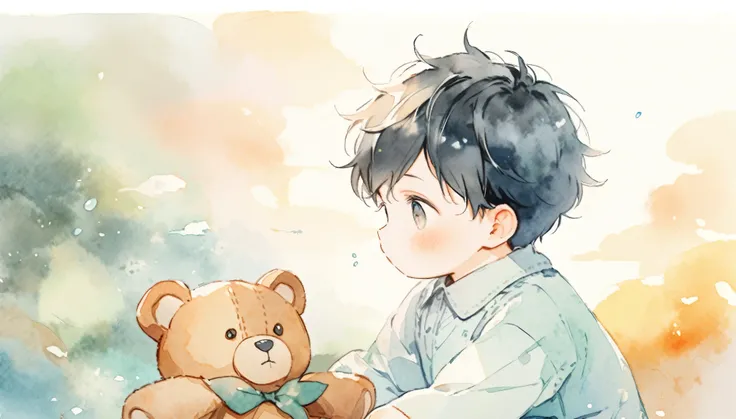 Two-year-old boy with black hair, watercolor, pale colors. teddy bear.