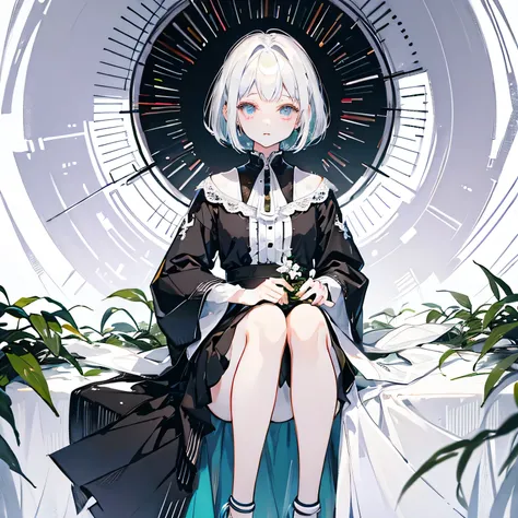 One girl、White Hair、Bob Hair、trimmed bangs、Black long sleeve dress、Lilac eyes、A soft smile、cute、The background is green plants、About 22 years old、