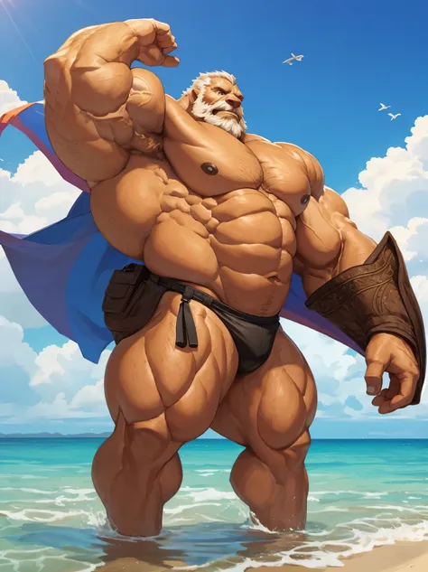 beach, side view, extremely huge muscular, massive muscular, full-body, well-muscled old man and showing back muscle. ((extremely muscle size, super thick arms, huge back, extremely wide back and shoulder , huge arms)).  and add details to make it attracti...