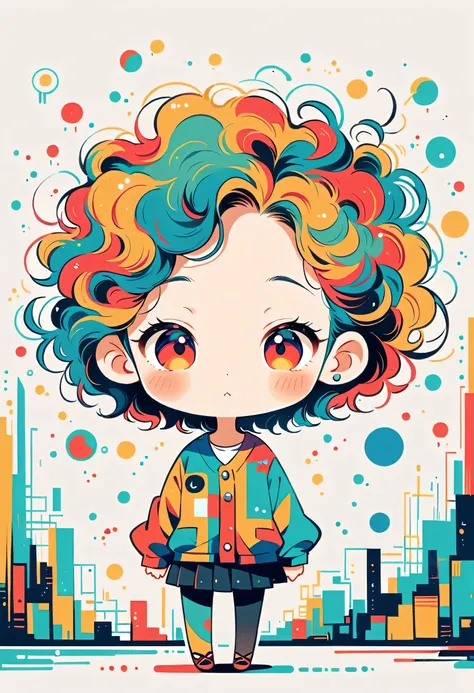 Watase Seizo style, Standing in front of a high wall，Simple Line Initialism，Abstract art，Urban Background, (((The most beautiful girl))), (((chibi)))