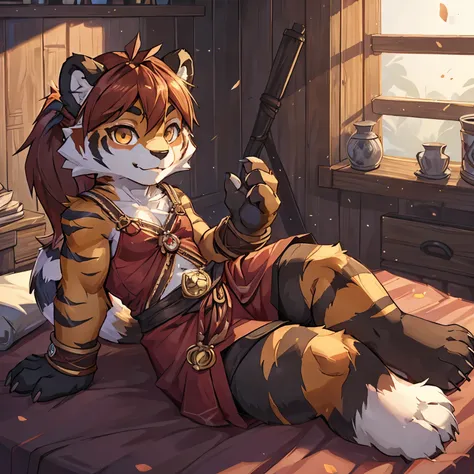 4fingers, small_round_ears, small_panda_ears, pandaren, world_of_warcraft, furry, anthropomorphic, fluffy_tail, foxtail, cfemale, claws, red_panda, tiger_stripes, tiger_face, flat_chested, shortstacK, short, amber_eyes, pupils, simple clothing, detailed_ey...