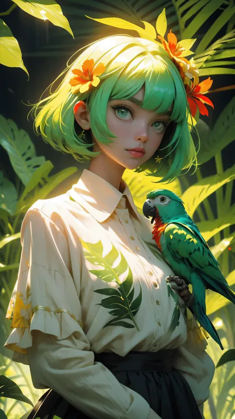 parrot on the background, YXYcolor,1girl, only, light green hair, Flower, hair ornament, hair flower, very long hair, upper body, bangs, Looking at the viewer, Simple background, leaf, Bob Cut, Plant, shirt, yellow shirt, blunt bangs, red flower, red lips,...