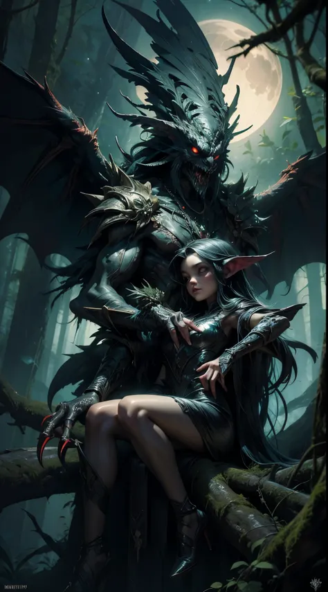 Showing a harpy sitting on the branch of a giant tree in the rainforest at night. Their eyes should reflect the moonlight filtering through the treetops.. Surrounded by rare flora and fauna, The art of horror fiction, Sci-fi horror art, Inspired by Alexis ...