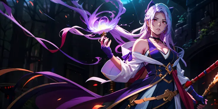 alexia_olis, silver hair, long hair, red eyes, ribbon, curvy, ((anatomically correct:1.3)), heavy breathing, muscular female, (fantasy illustration:1.3), depth of field, epic art, fantasy, 1girl, breasts, solo, vastaya, cleavage, large_breasts, bare_should...