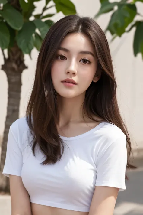 1 woman, alone, smooth, Asia, Pinkish white skin, Put your hands on your chest.., Look at the viewer., dark brown hair, Long hair swept to the side, cute, Medium bust,black eyes, White round neck t-shirt, light brown shorts, alone, upper body