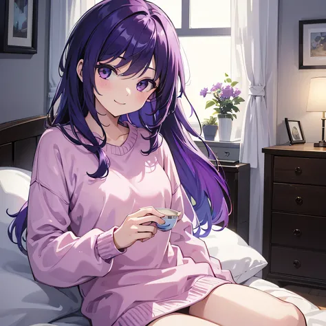 (T Masterpiece，4K wallpaper，Best Quality))、((girl１people))、(solo)、Bright and Brilliant，(Purple Hair)、(Shortcuts:1.3)、smile、Bedroom、sweater、morning