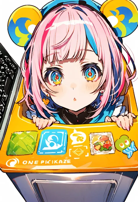 Mika Pikazo, One girl, blue eyes, blue Foodie, computer, Earrings, Food, Foodie, jewelry, keyboard (computer), logo, logo parody, mouse (computer), Variegated eyes, Pink Hair, trash can, alone, White Background, Yellow Eyes, , 