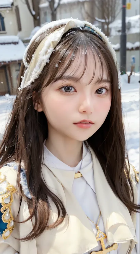 perfect figure beautiful girl:1.4, 17years old, cleavage, huge breast Layered Hair Style, (Cleric:1.5), Jewelry Decoration, Highly Detailed Face and Skin Textur, double-edged eyelid, Whiten the skin, long hair,  (background snow plains), diamond dust,