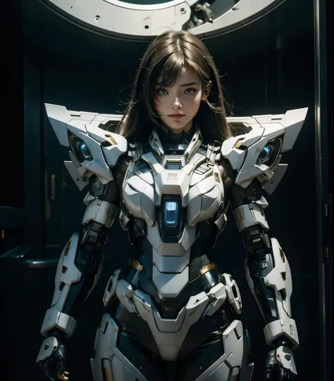 Textured skin, Super Detail, high details, High quality, Best Quality, hight resolution, 1080p, hard disk, Beautiful,(Gundam),beautiful cyborg woman,Mecha Cyborg Girl,Battle Mode,Girl with a Mecha Body,She wears a futuristic Gundam mecha,Fulll body Shot